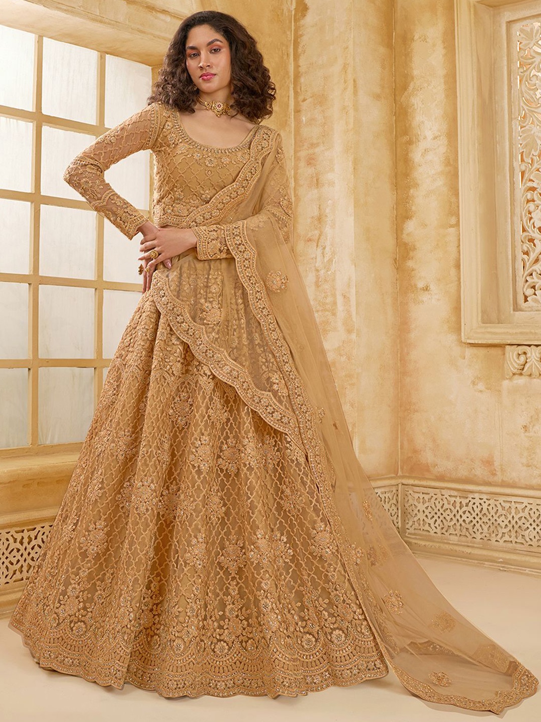 

ALIZEH Golden Semi Stitched Embroidered Lehenga Choli With Dupatta, Gold