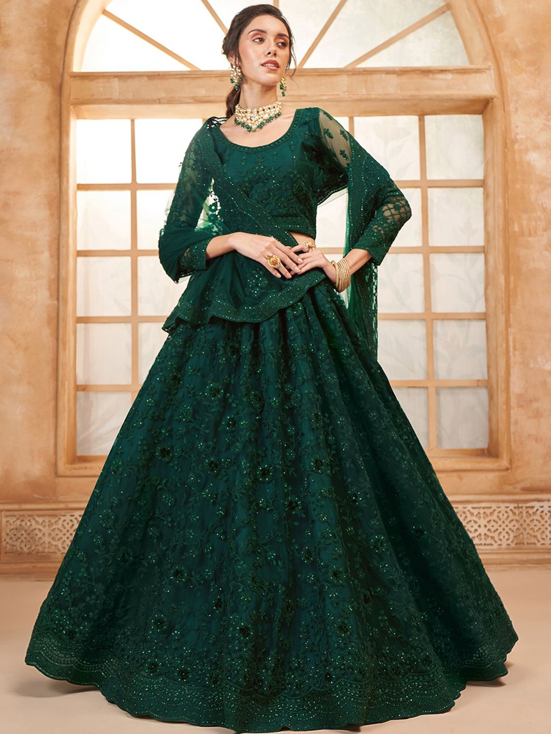 

ALIZEH Dark Green Designer Embroidered Lehenga Choli With Dupatta