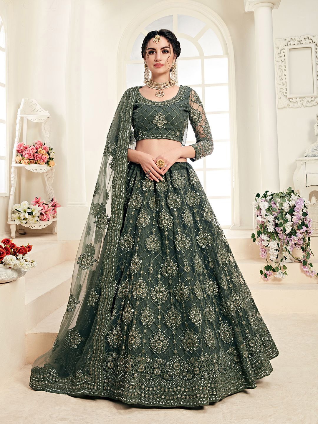 

ALIZEH Mehendi Green Embroidered Lehenga Choli With Dupatta