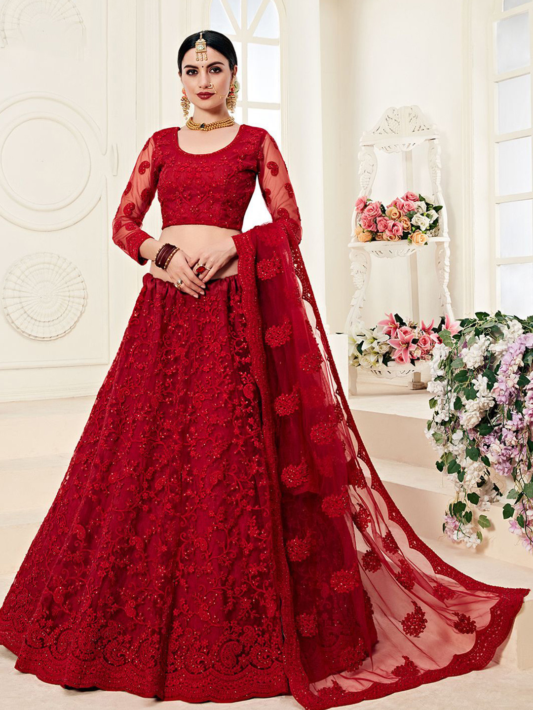 

ALIZEH Deep Red Heavy Embroidered Net Lehenga Choli With Dupatta