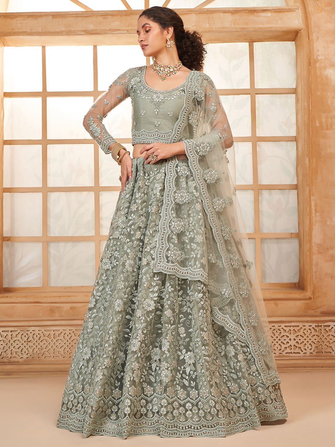 

ALIZEH Grey Green Lehenga Choli With Dupatta