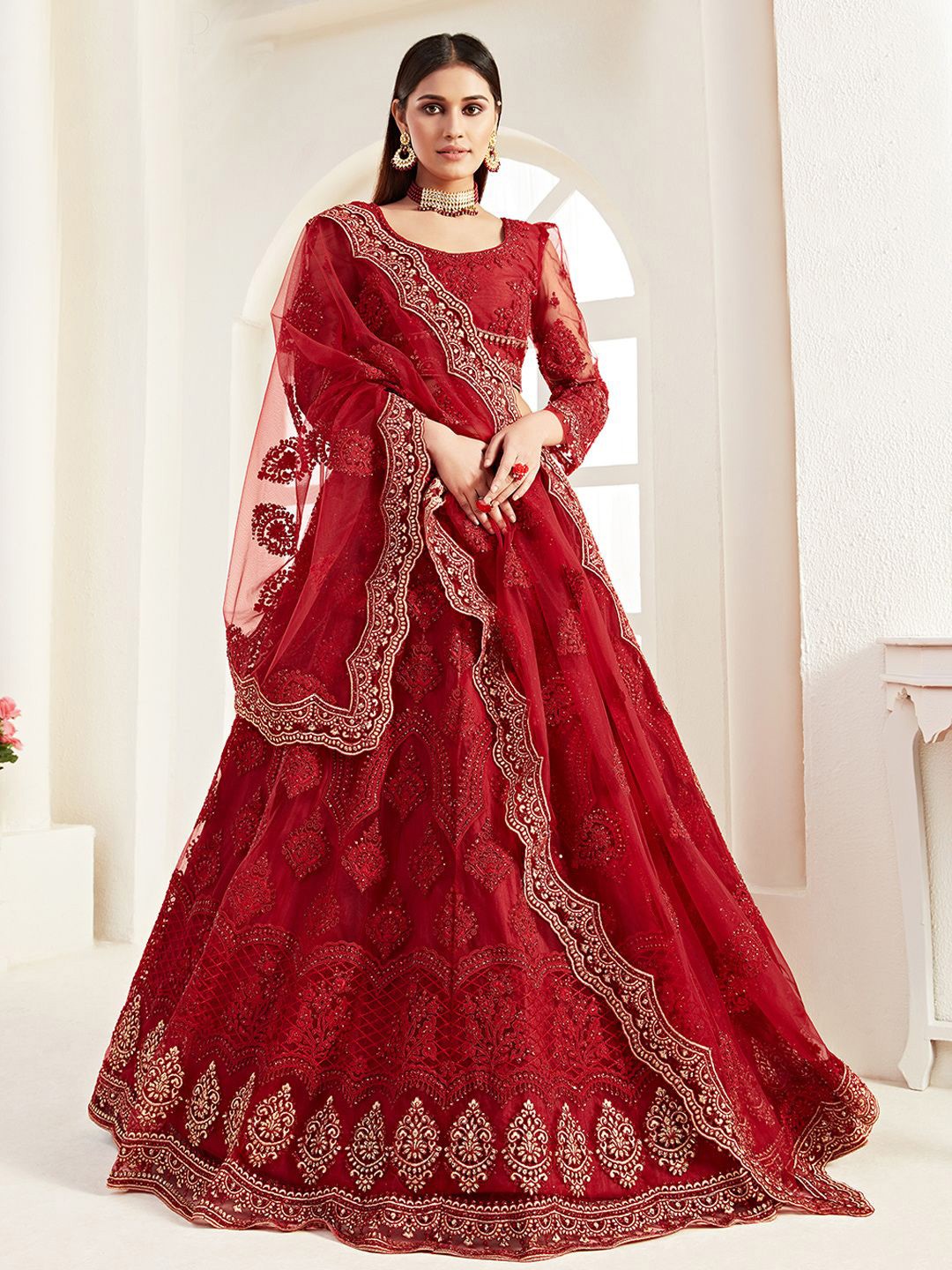 

ALIZEH Deep Red and Gold Lehenga Choli With Dupatta