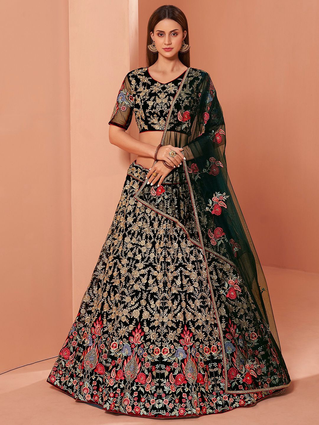 

ALIZEH Dark Green Embroidered Lehenga Choli With Dupatta