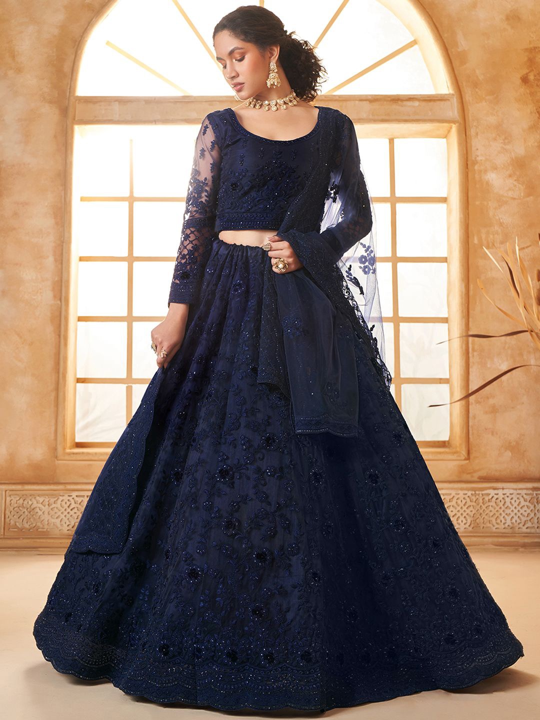 

ALIZEH Dark Blue Wedding Embroidered Lehenga Choli With Dupatta