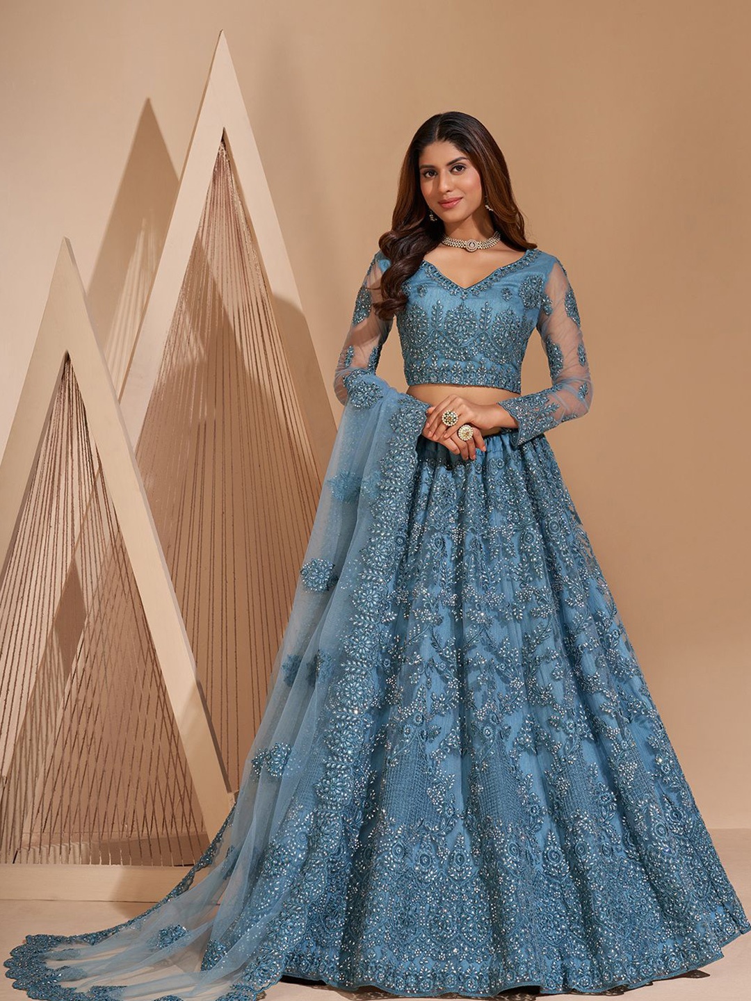 

ALIZEH Sky Blue Embroidered Lehenga Choli With Dupatta, Turquoise blue