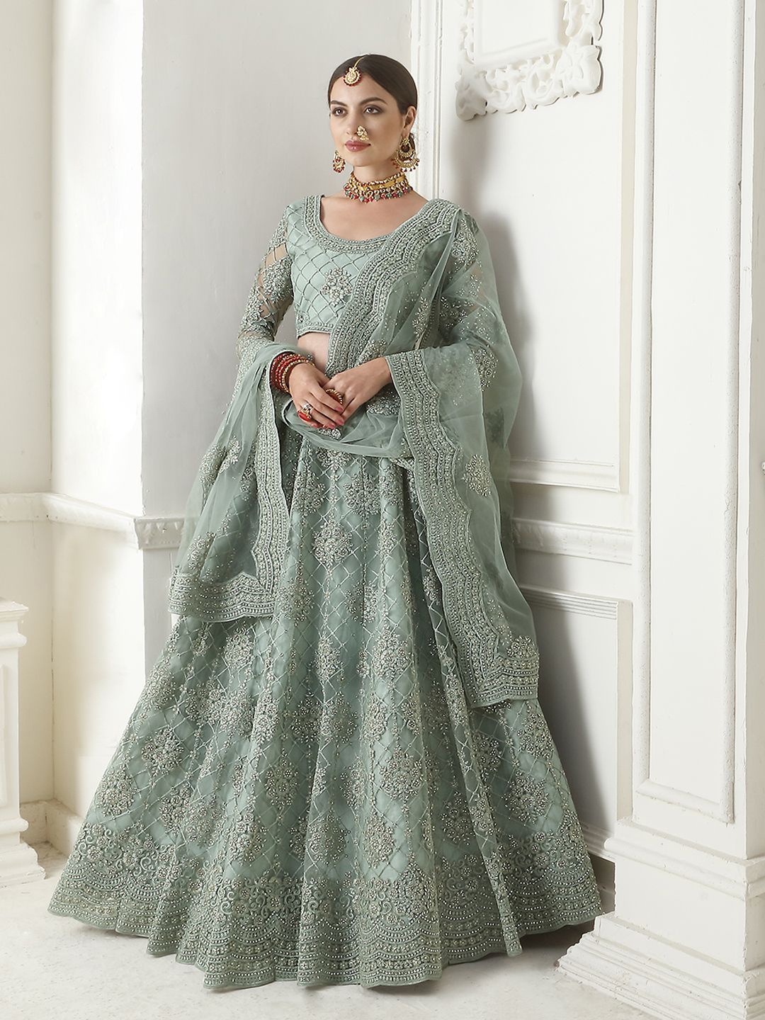 

ALIZEH Greenish Grey Designer Net Cording Work Lehenga Choli With Dupatta