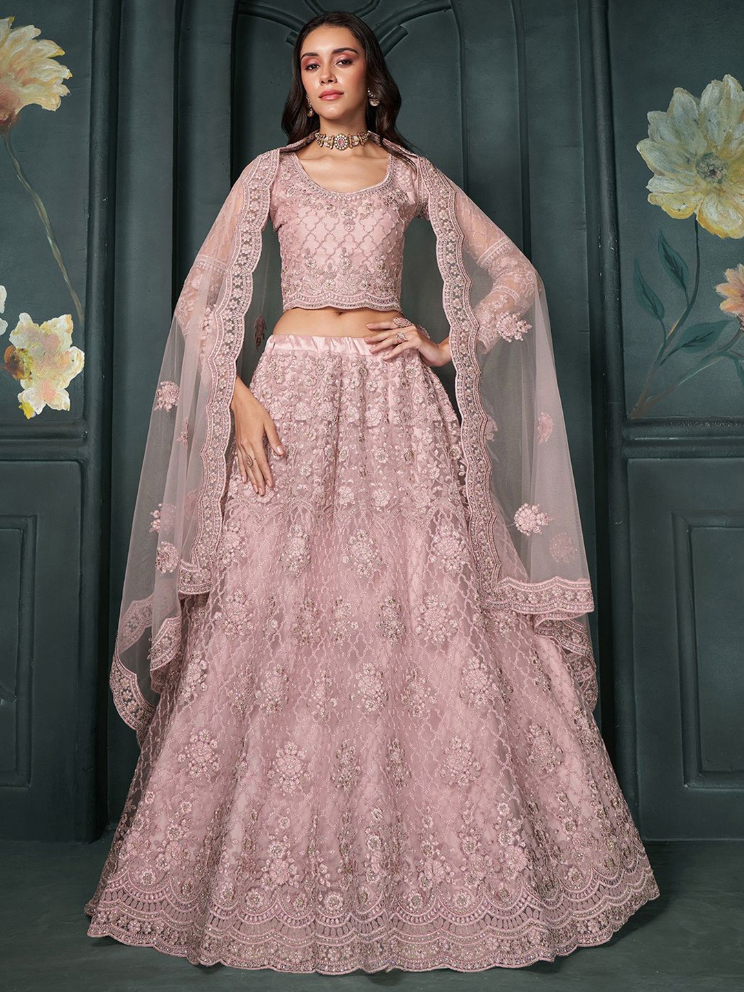 

ALIZEH Blush Pink Semi Stitched Net Lehenga Choli With Dupatta