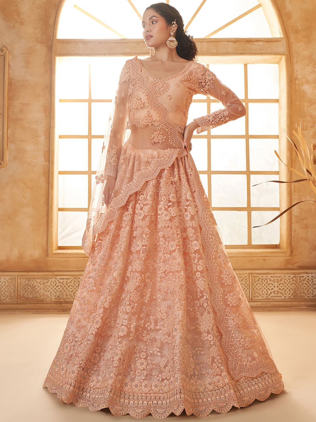 

ALIZEH Peach Net Lehenga Choli With Dupatta