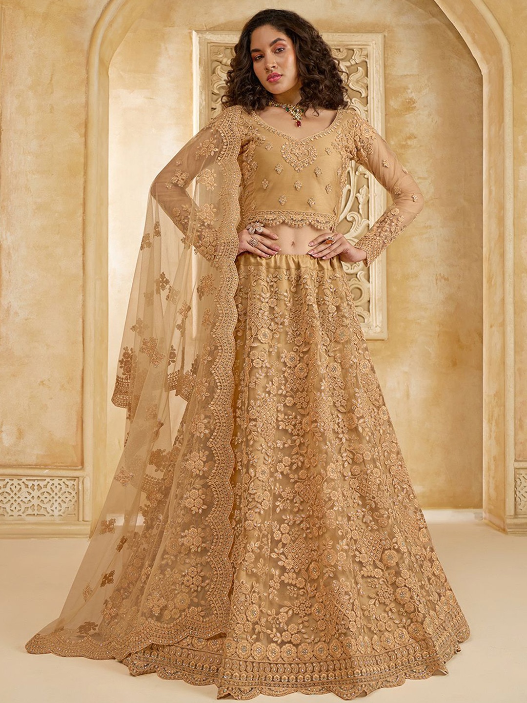 

ALIZEH Golden Designer Embroidered Lehenga Choli With Dupatta, Gold