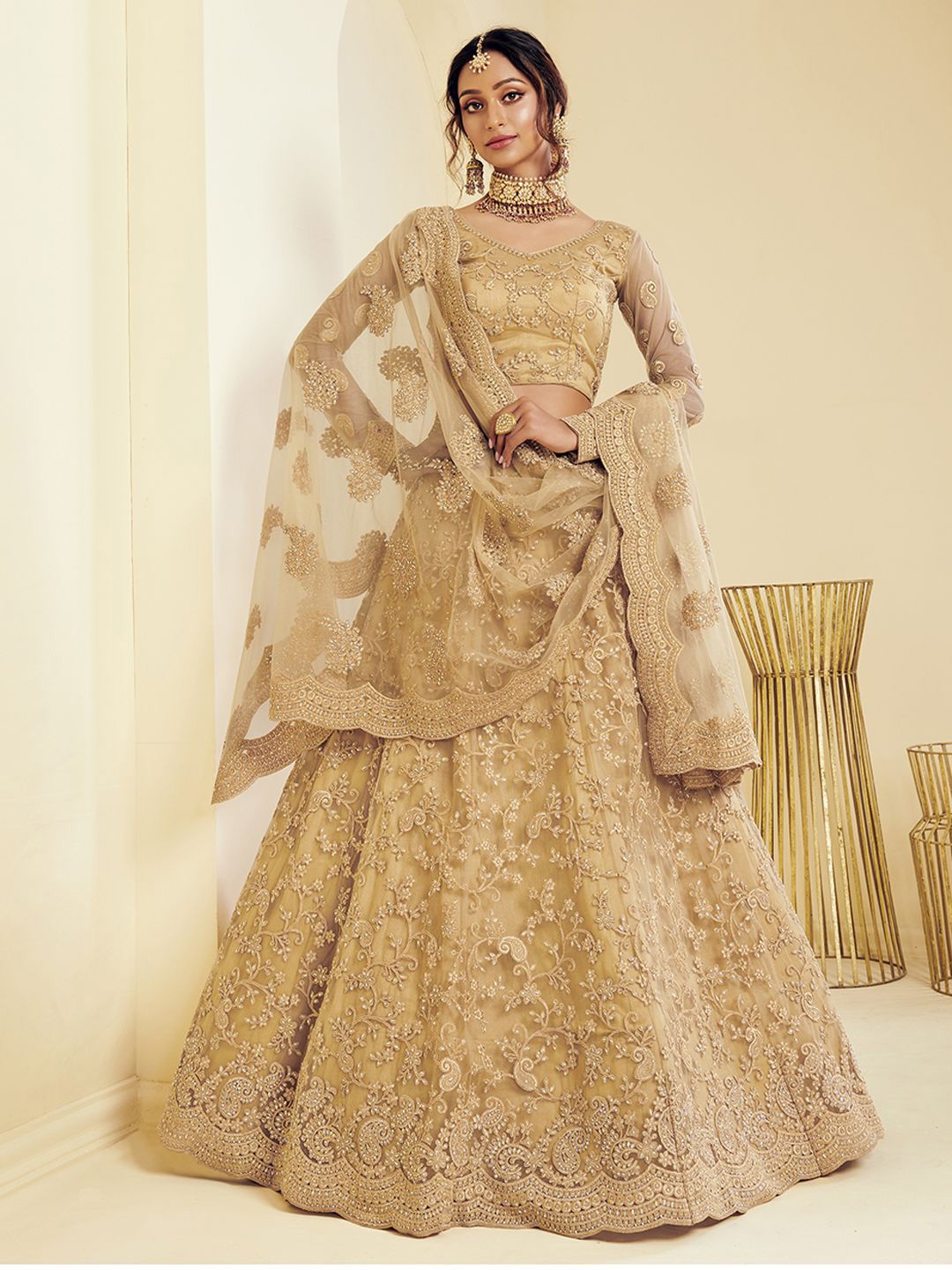 

ALIZEH Gold Color Embroidered Lehenga Choli On Net Fabric With Dupatta