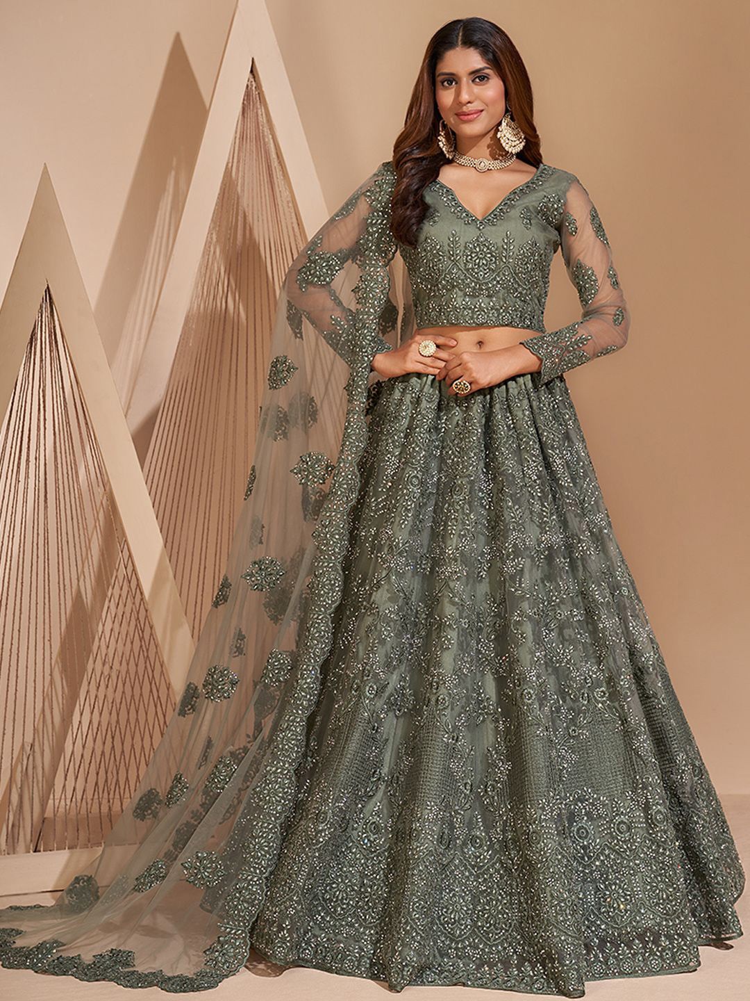 

ALIZEH Greenish Grey Wedding Lehenga Choli With Dupatta, Olive