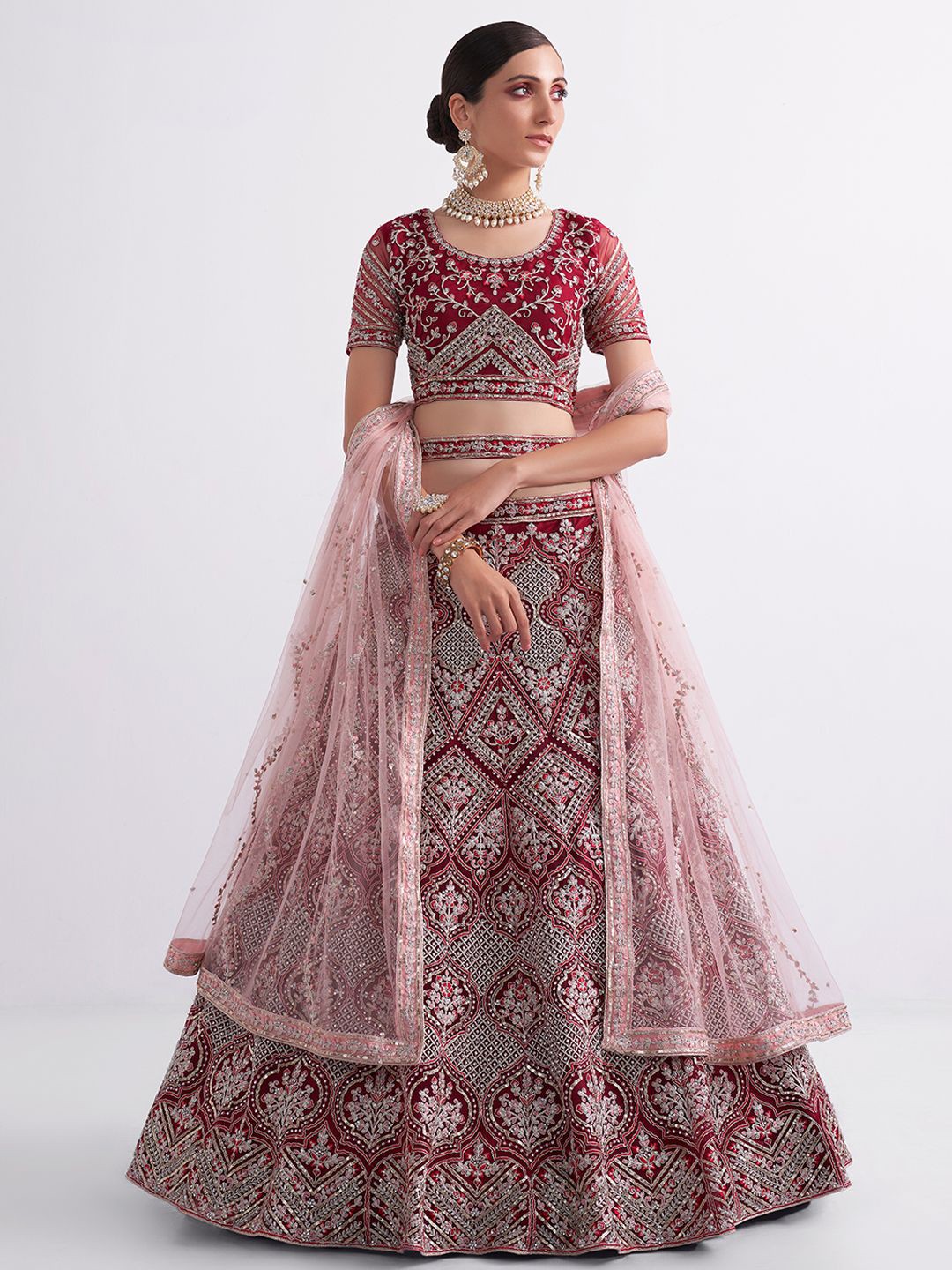 

ALIZEH Maroon Heavy Embroidered Lehenga Choli With Dupatta
