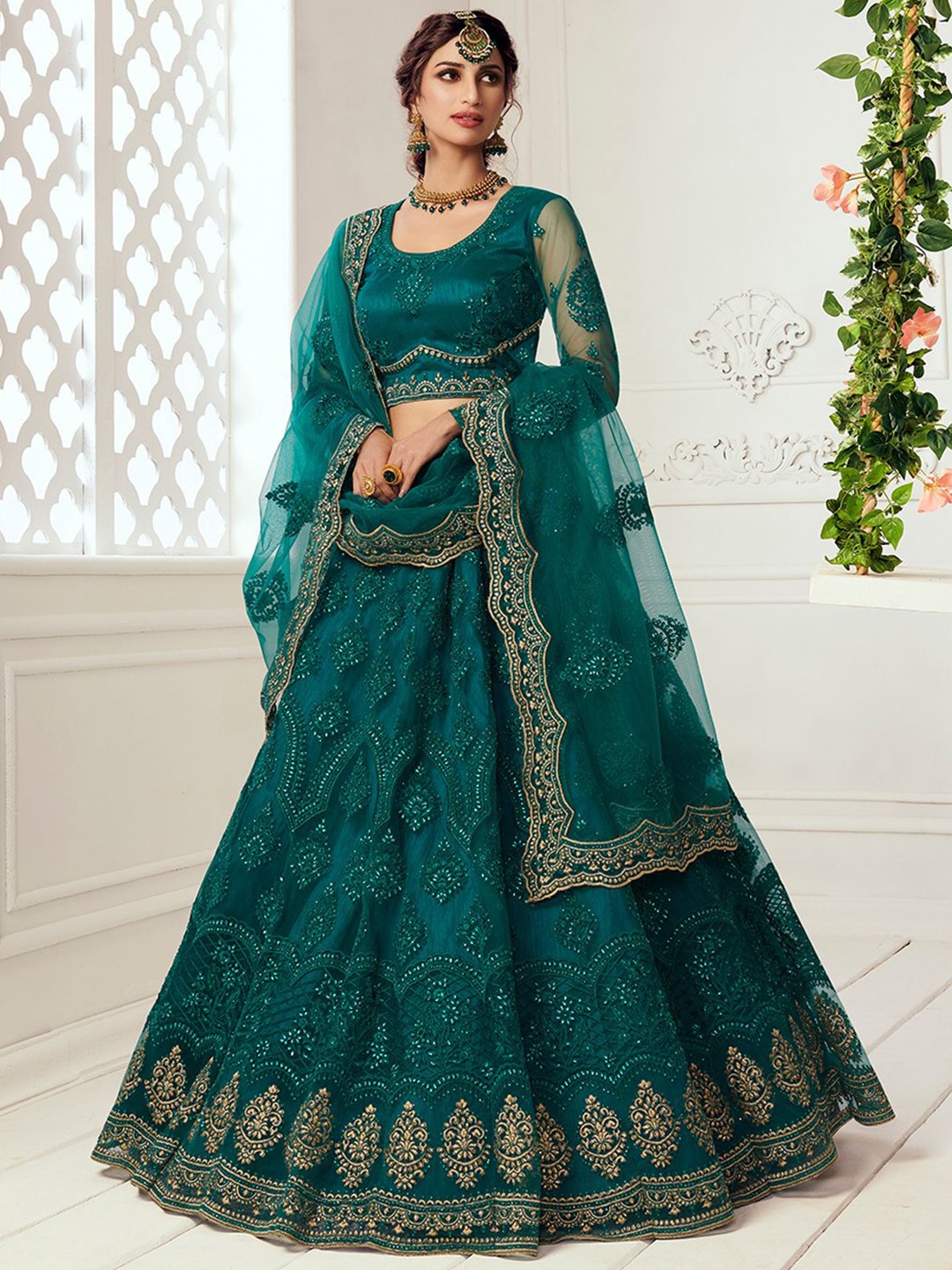 

ALIZEH Teal Blue And Gold Lehenga Choli With Dupatta