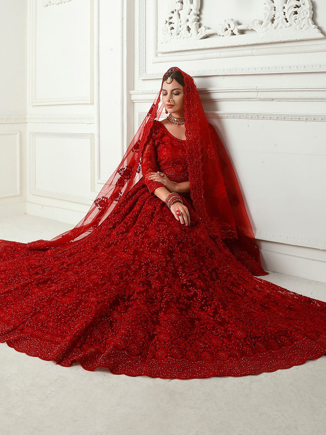 

ALIZEH Deep Red Heavy Designer Net Bridal Lehenga Choli With Dupatta