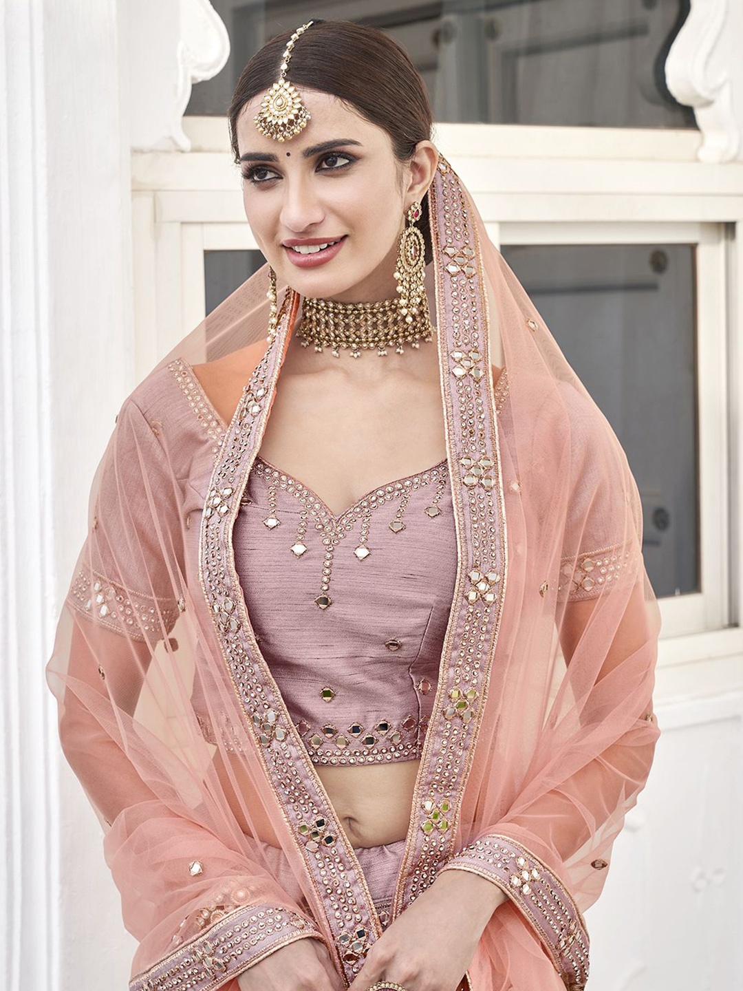 

ALIZEH Blush Pink Silk Mirror Work Lehenga Choli With Dupatta, Rose gold