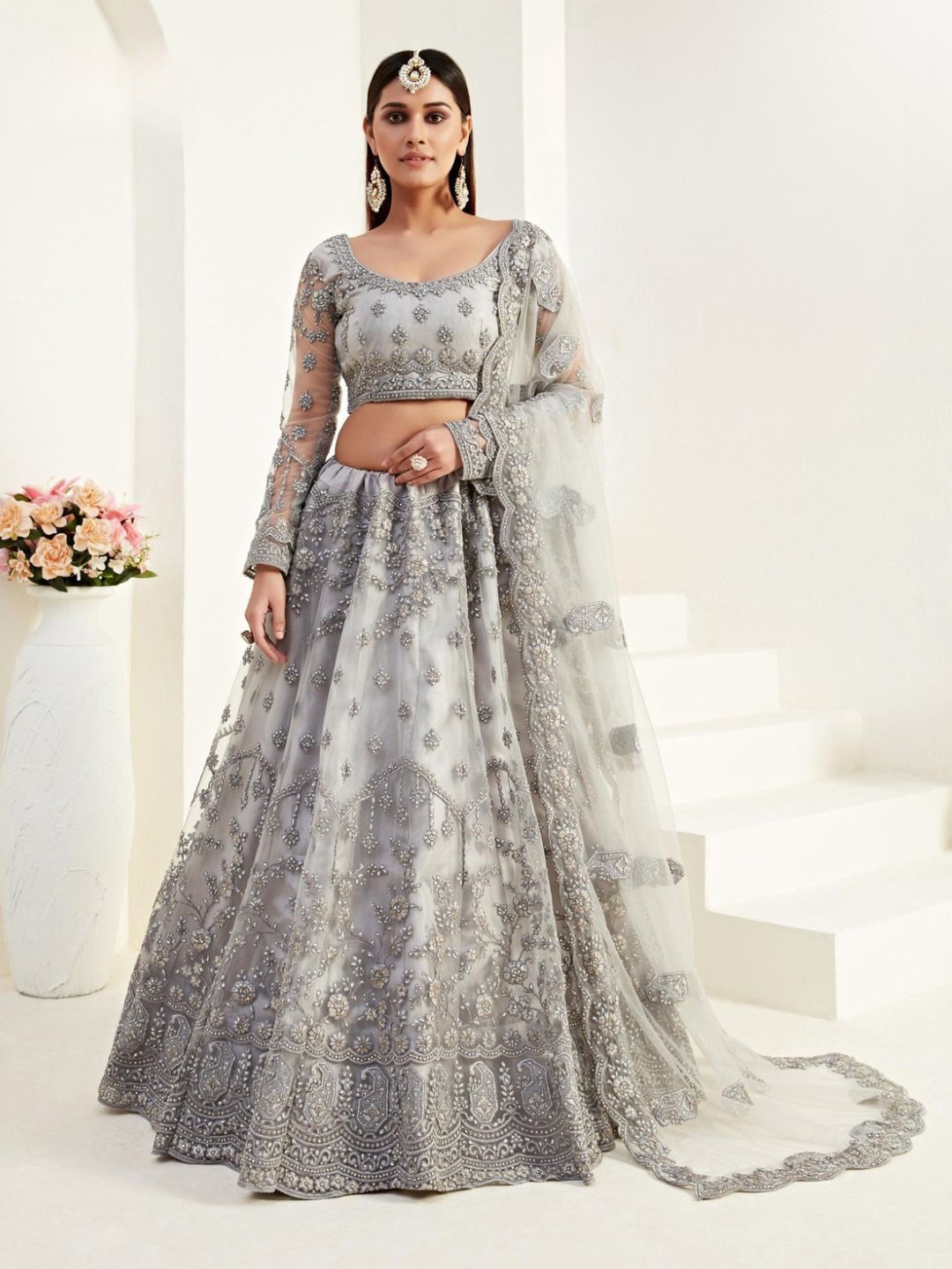 

ALIZEH Grey Embroidered and Stone Work Lehenga Choli With Dupatta