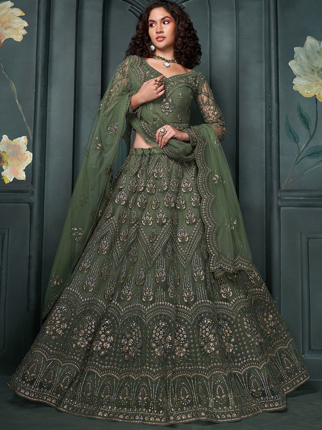 

ALIZEH Mehendi Green Embroidered Lehenga Choli With Dupatta