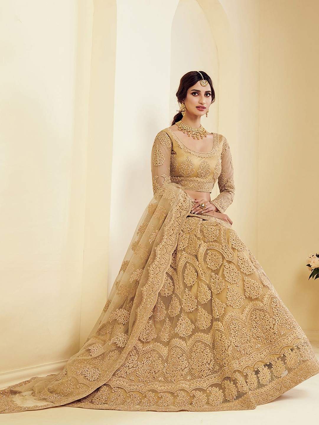 

ALIZEH Golden Heavy Embroidered Net Designer Lehenga Choli With Dupatta, Gold