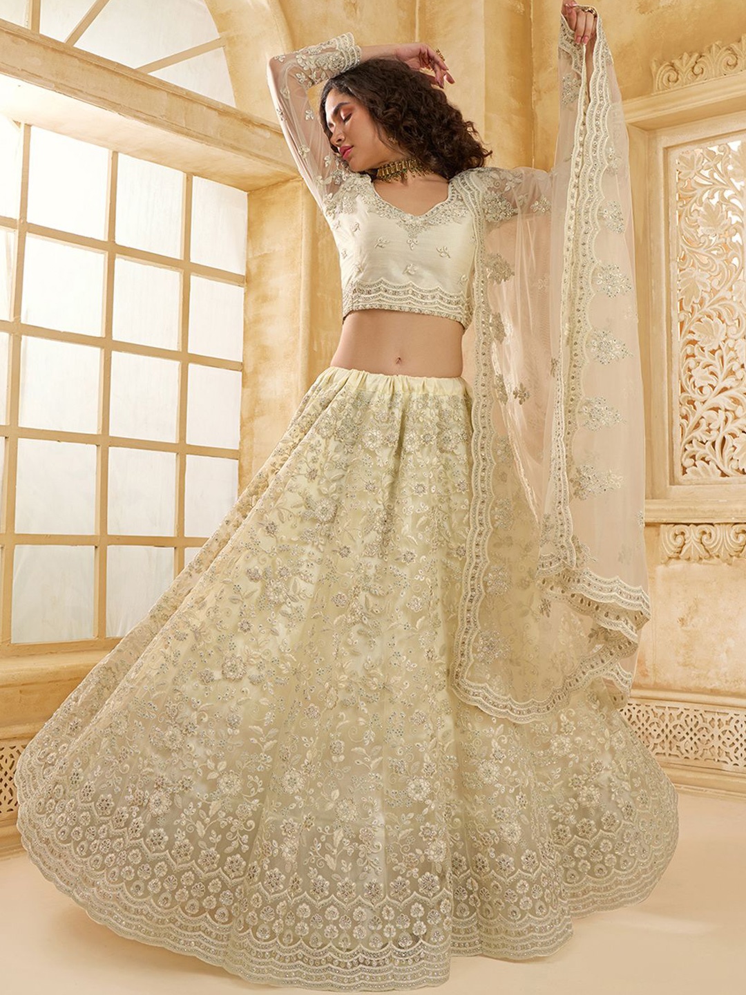 

ALIZEH Ivory Net Embroidered Lehenga Choli With Dupatta, Cream