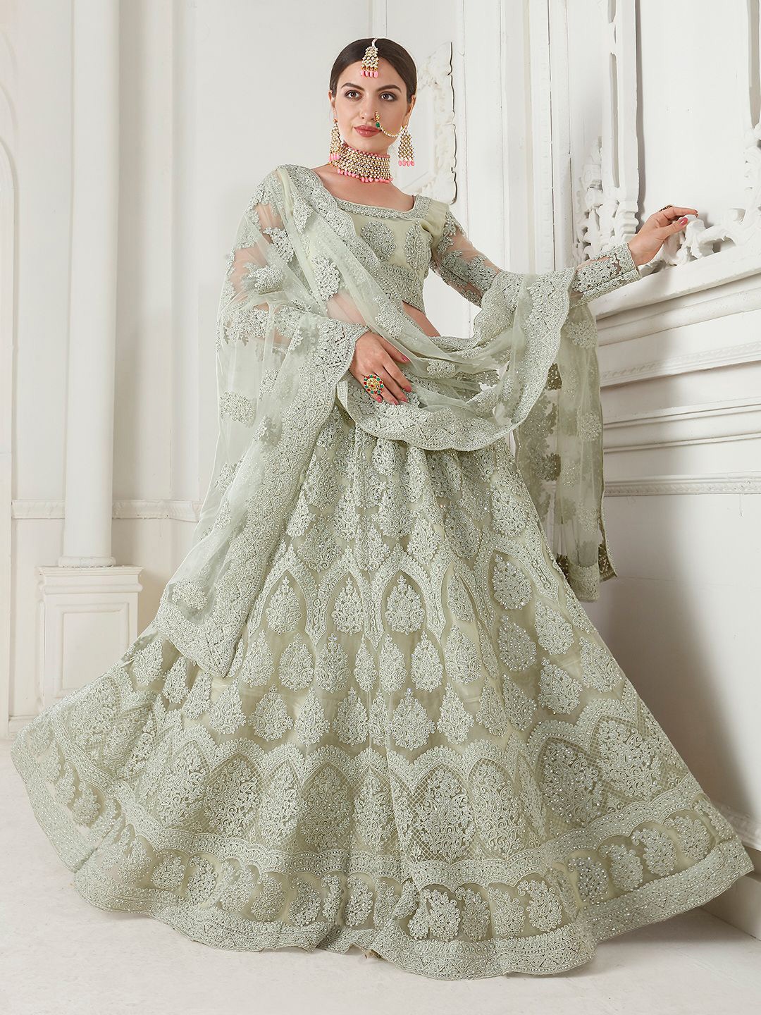 

ALIZEH Light Green Heavy Embroidered Net Lehenga Choli With Dupatta