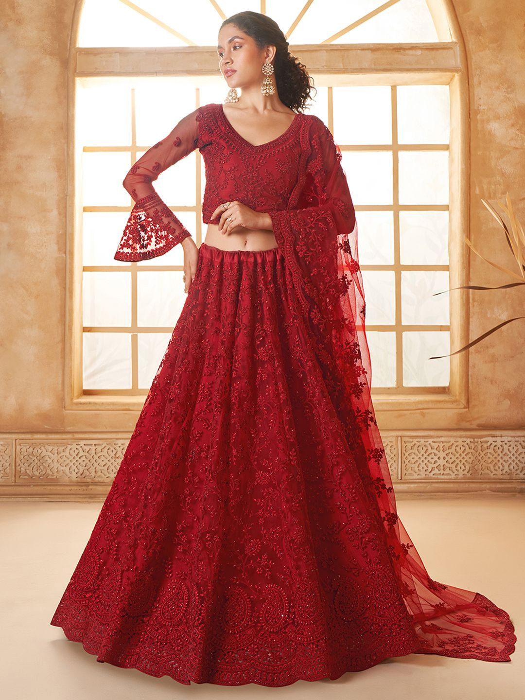 

ALIZEH Deep Red Embroidered Net Lehenga Choli With Dupatta