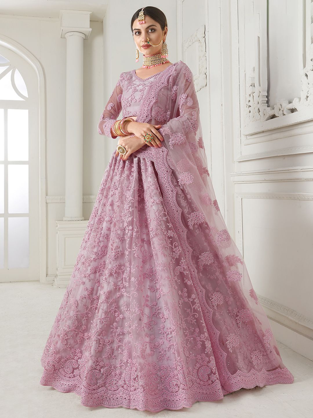 

ALIZEH Baby Pink Heavy Embroidered Net Wedding Lehenga Choli With Dupatta