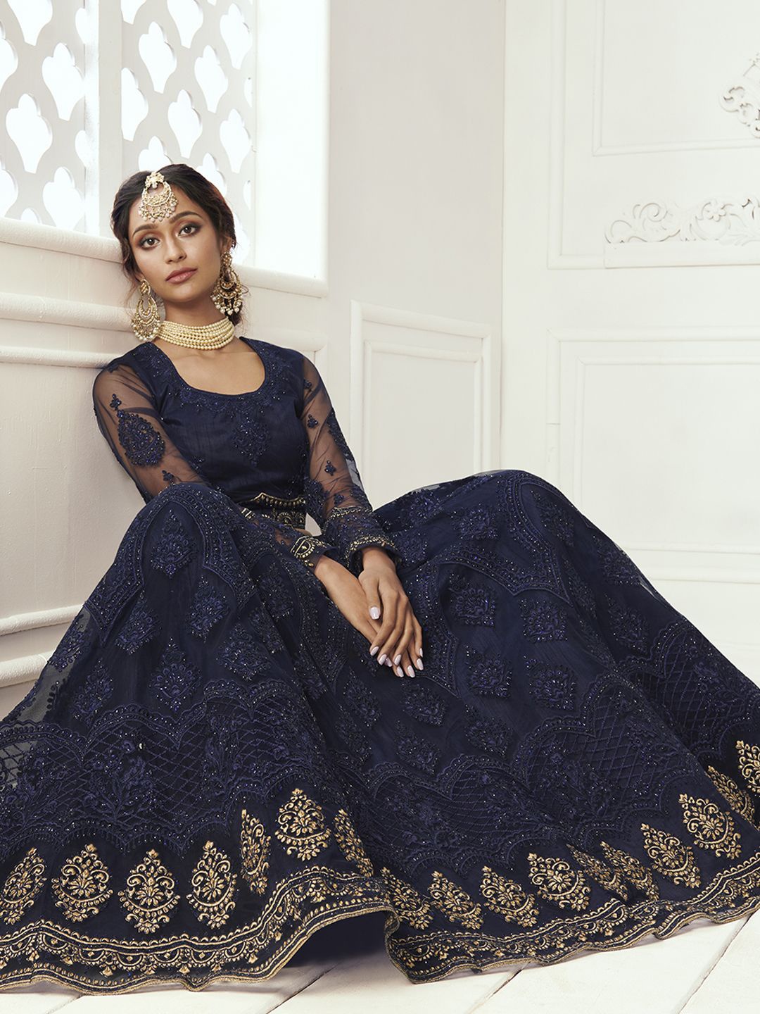 

ALIZEH Deep Blue Embroidered Lehenga Choli With Dupatta