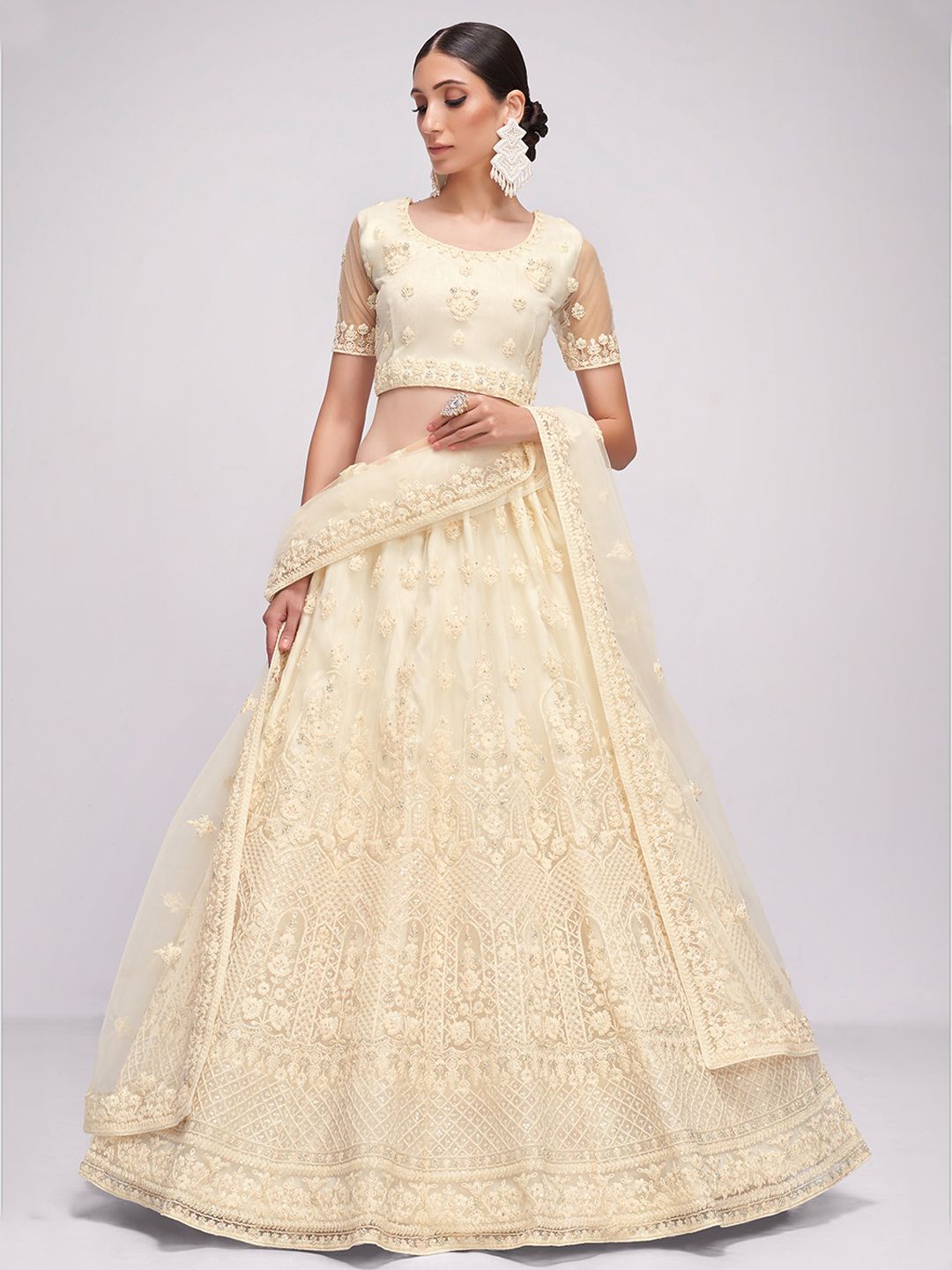

ALIZEH Off White Embroidered Lehenga Choli With Dupatta, Cream