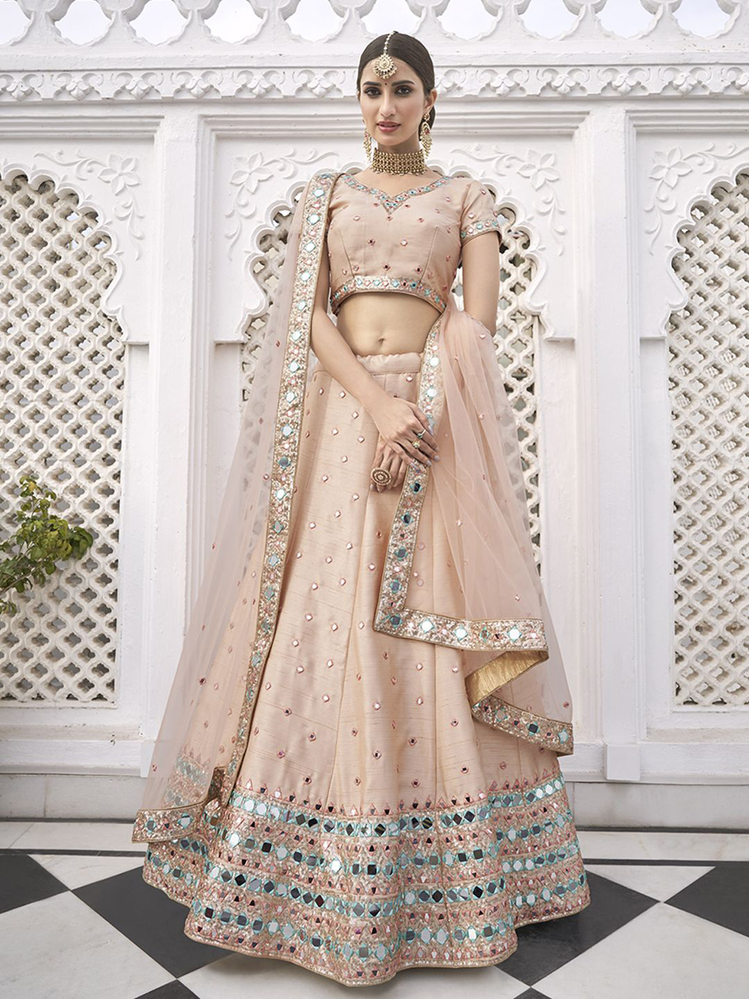 

ALIZEH Peach Mirror Work Lehenga Choli With Dupatta