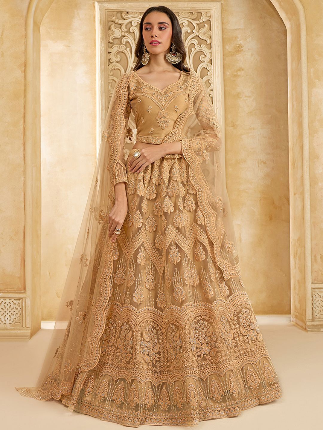 

ALIZEH Golden Embroidered Lehenga Choli With Dupatta, Gold