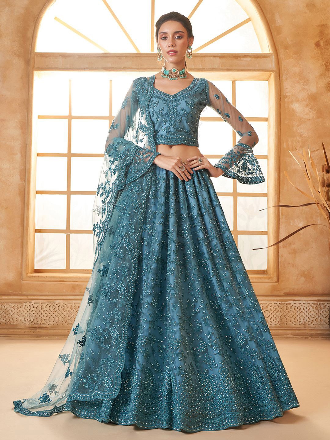 

ALIZEH Turquoise Blue Semi Stitched Partywear Lehenga Choli With Dupatta