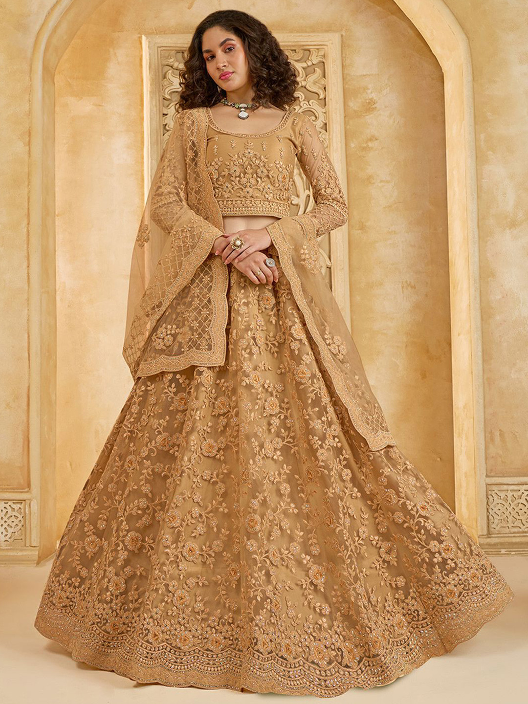 

ALIZEH Golden Net Embroidered Lehenga Choli With Dupatta, Gold