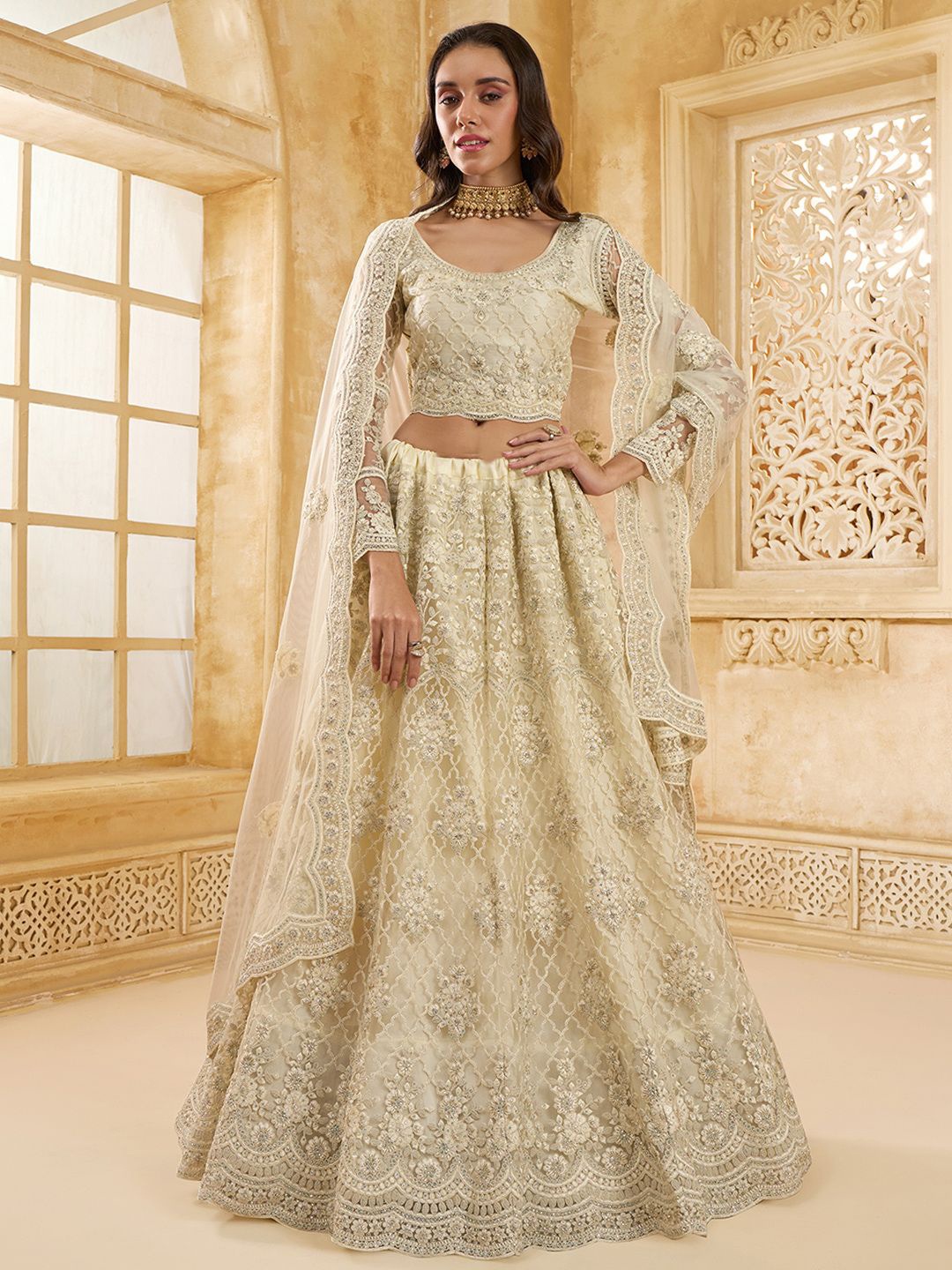 

ALIZEH Ivory Designer Embroidered Lehenga Choli With Dupatta, Cream