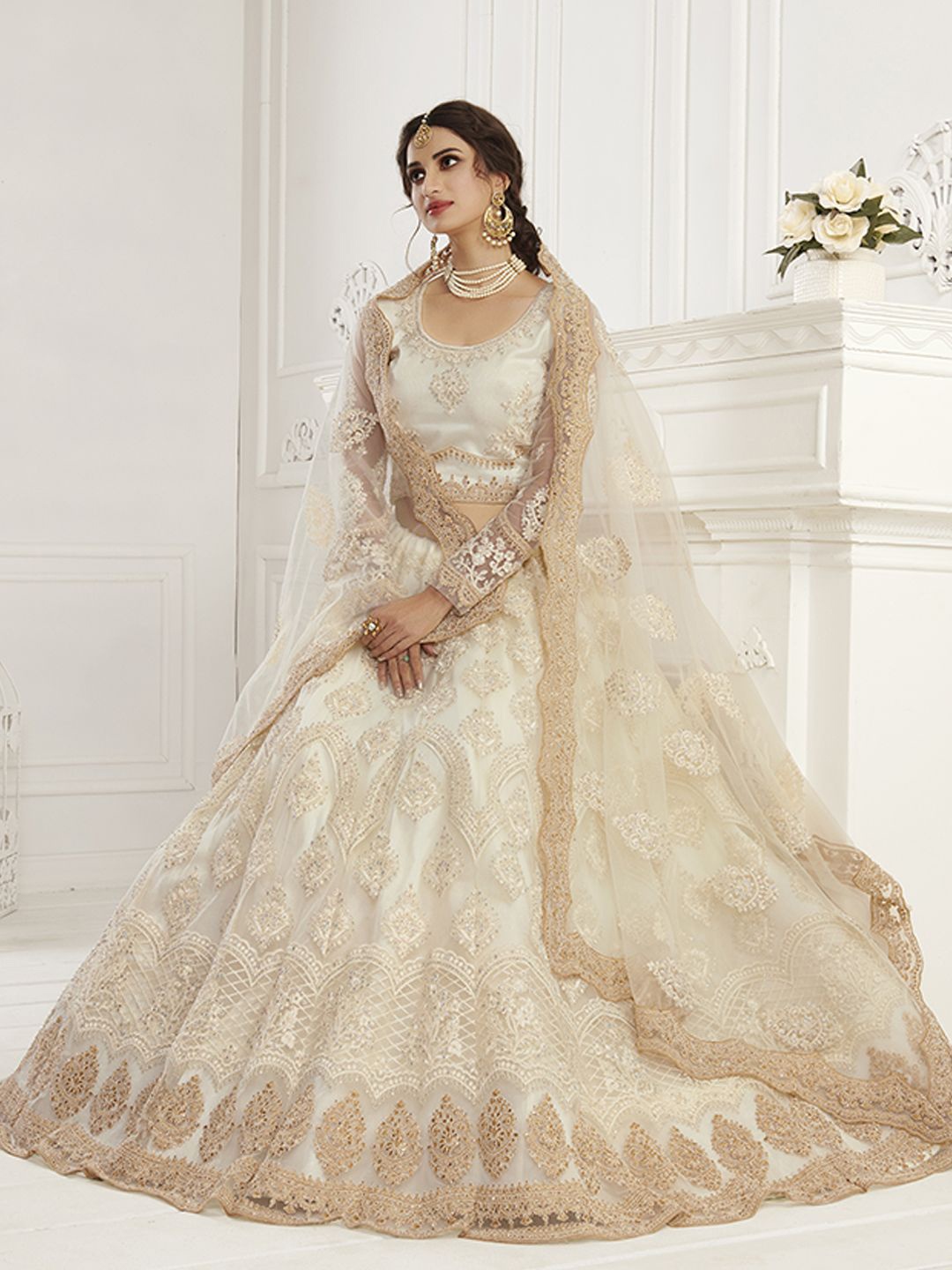 

ALIZEH Ivory And Gold Embroidered Net Lehenga Choli With Dupatta, Off white