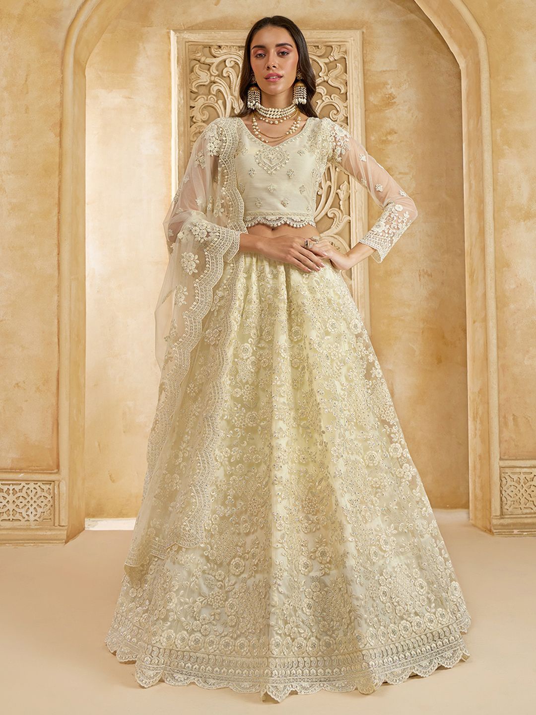 

ALIZEH Ivory Embroidered Lehenga Choli With Dupatta, Cream