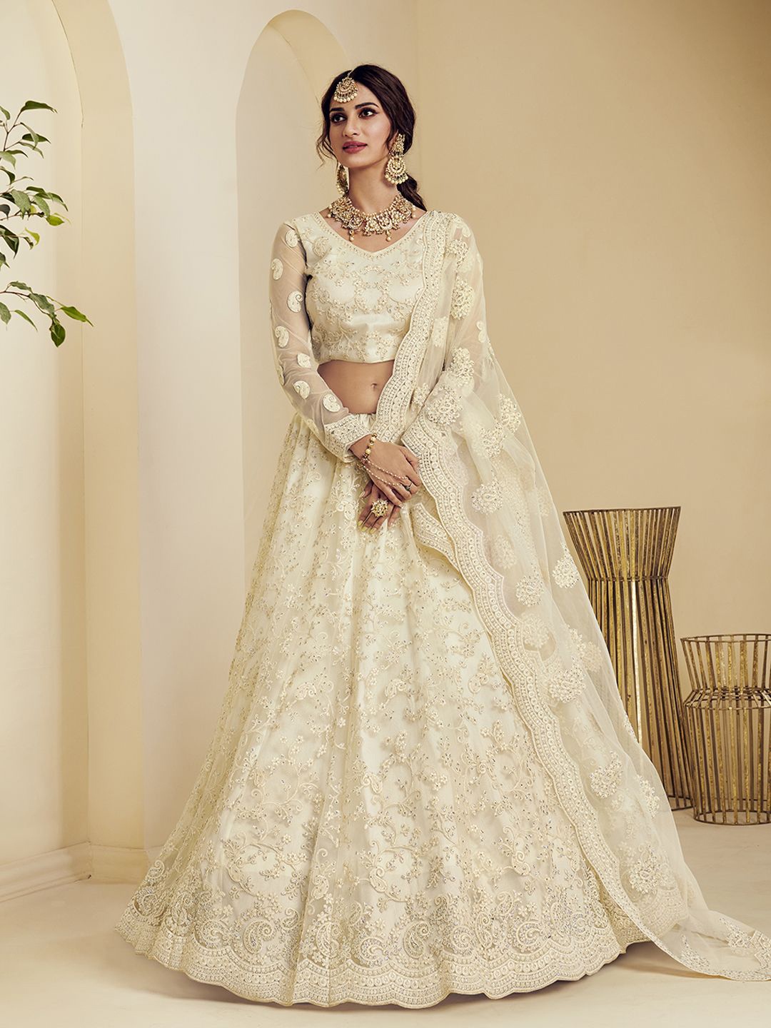 

ALIZEH Ivory Color Net Designer Wedding Lehenga Choli With Dupatta, Cream