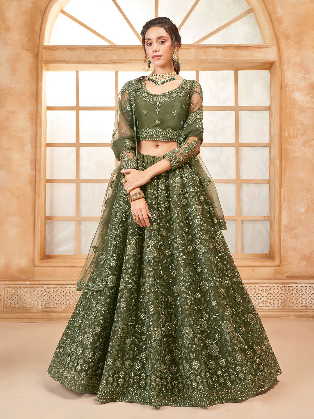 

ALIZEH Mehendi Green Semi Sticthed Lehenga Choli With Dupatta