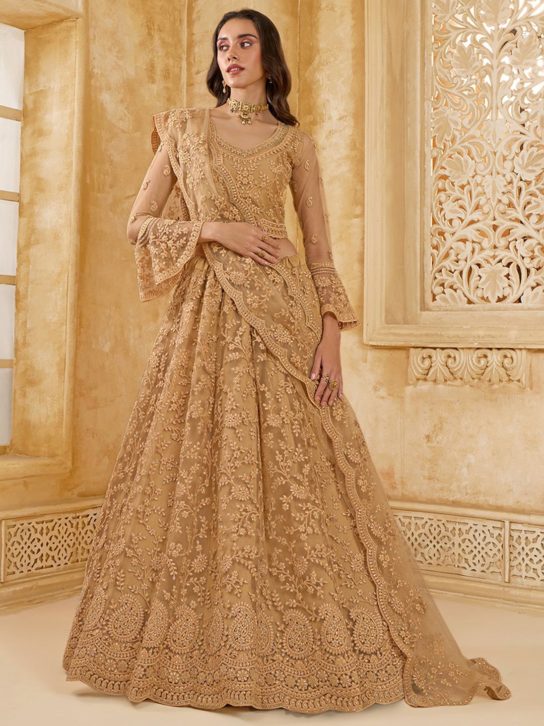 

ALIZEH Golden Heavy Embroidered Lehenga Choli With Dupatta, Gold