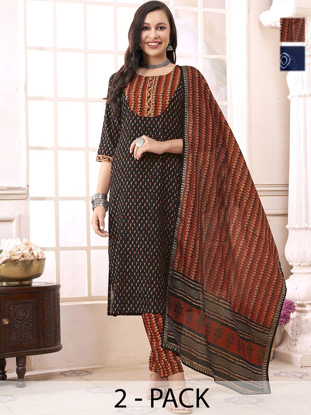 

KALINI Women Ethnic Motifs Printed Regular Kurta with Trousers & With Dupatta, Black