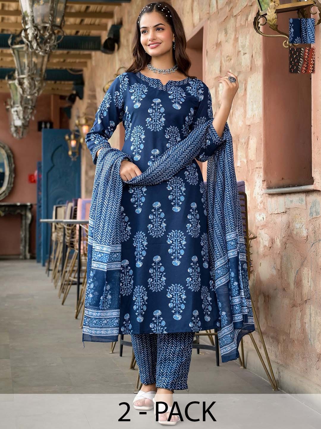 

KALINI Women Ethnic Motifs Printed Regular Kurta with Trousers & With Dupatta, Blue