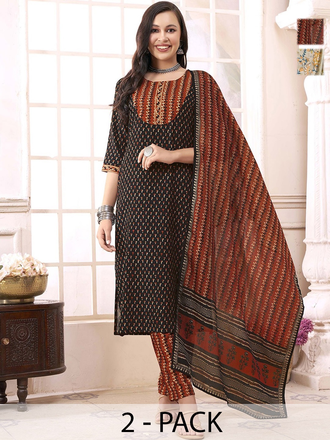 

KALINI Women Ethnic Motifs Printed Regular Kurta with Trousers & With Dupatta, Black