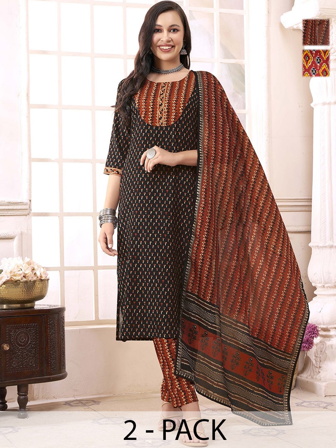 

KALINI Women Ethnic Motifs Printed Regular Kurta with Trousers & With Dupatta, Black