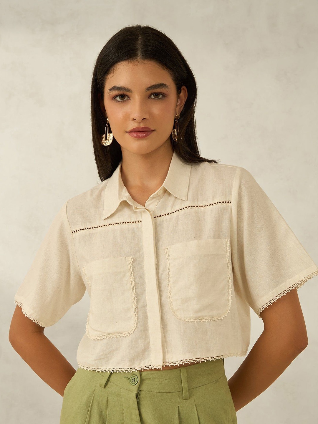 

Virgio Women Cotton Shirt Collar Crop Length Solid Regular Sleeves Shirt, Beige