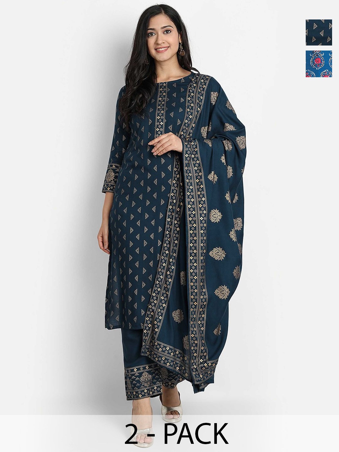 

KALINI Women Ethnic Motifs Printed Regular Kurta with Trousers & With Dupatta, Navy blue