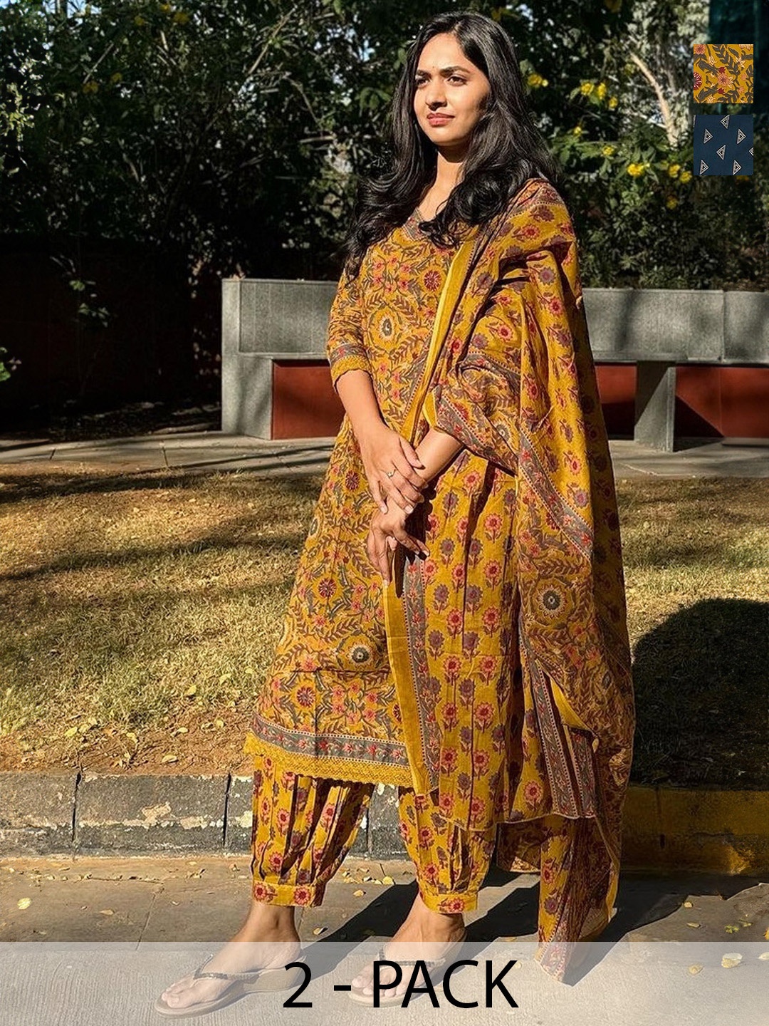 KALINI Women Ethnic Motifs Printed Regular Kurta with Trousers & With Dupatta, Navy blue