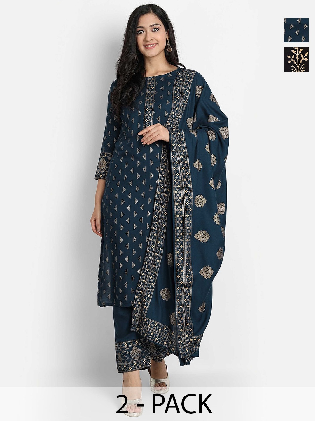 

KALINI Women Ethnic Motifs Printed Regular Kurta with Trousers & With Dupatta, Navy blue