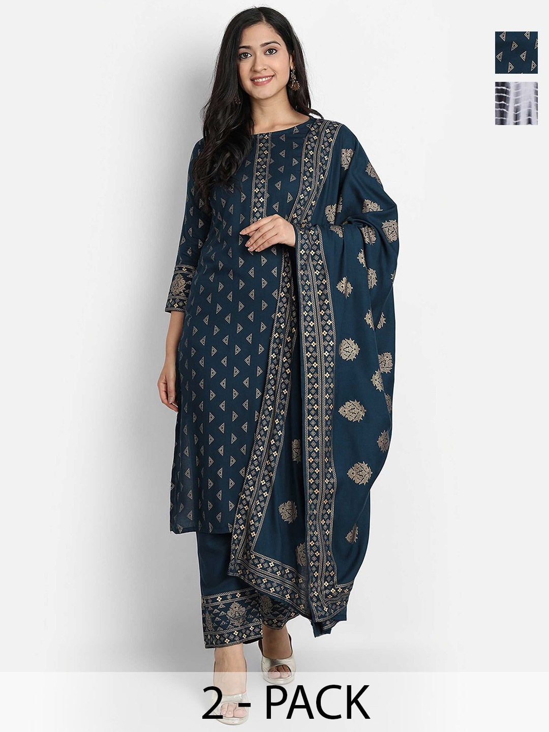 

KALINI Women Ethnic Motifs Printed Regular Kurta with Trousers & With Dupatta, Navy blue