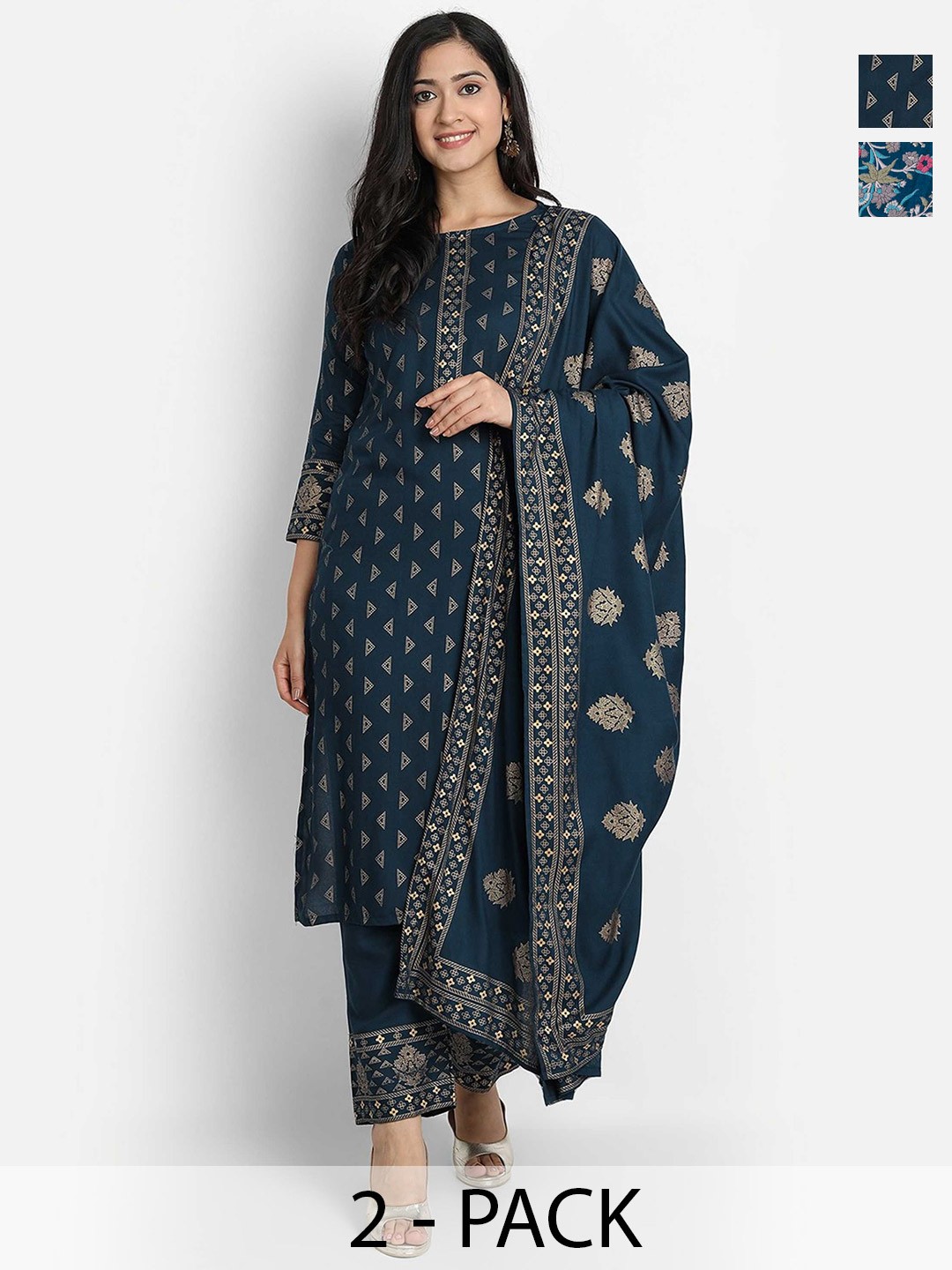 

KALINI Women Ethnic Motifs Printed Regular Kurta with Trousers & With Dupatta, Navy blue