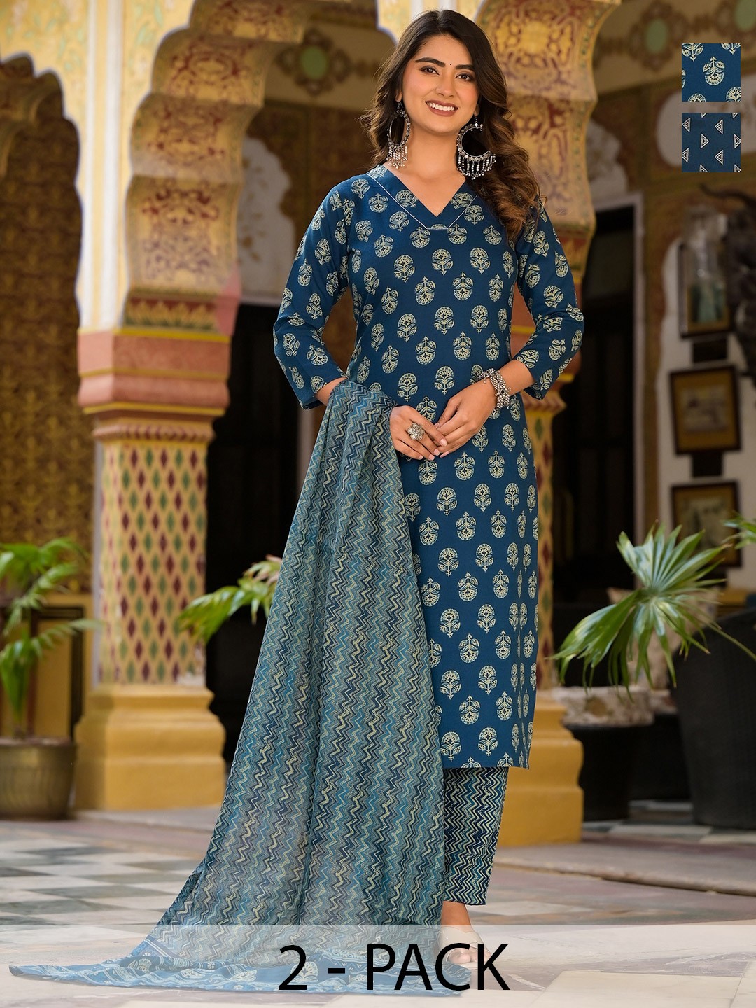 

KALINI Women Ethnic Motifs Printed Regular Kurta with Trousers & With Dupatta, Navy blue