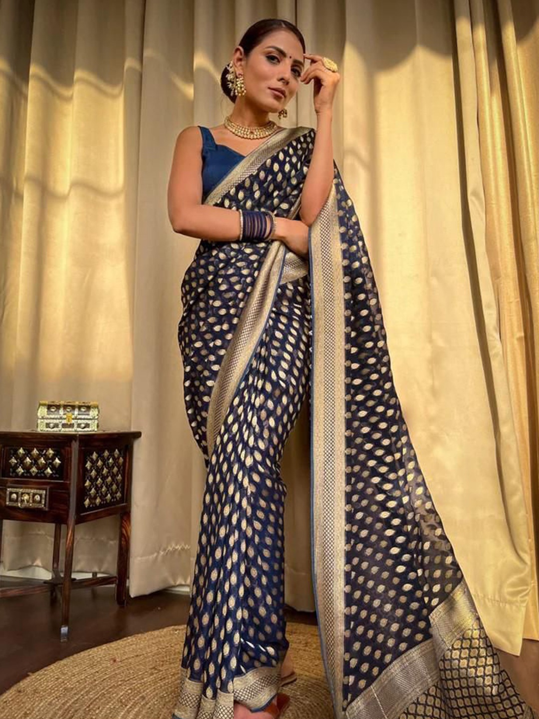 

KALINI Ethnic Motifs Zari Silk Blend Banarasi Saree, Navy blue